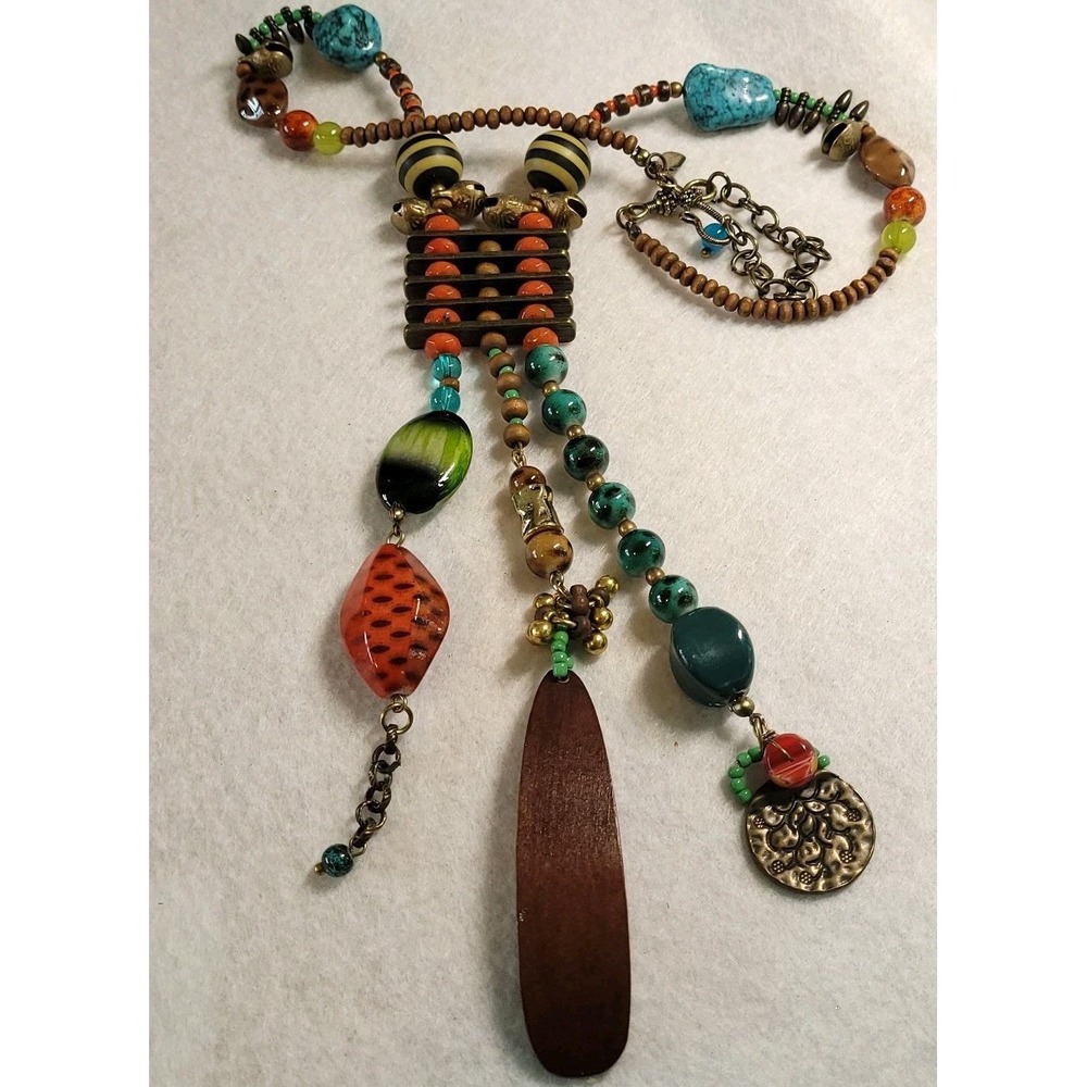 Treska Statement Necklace Mixed Media Wood Beads Turquoise Color Boho Pendant